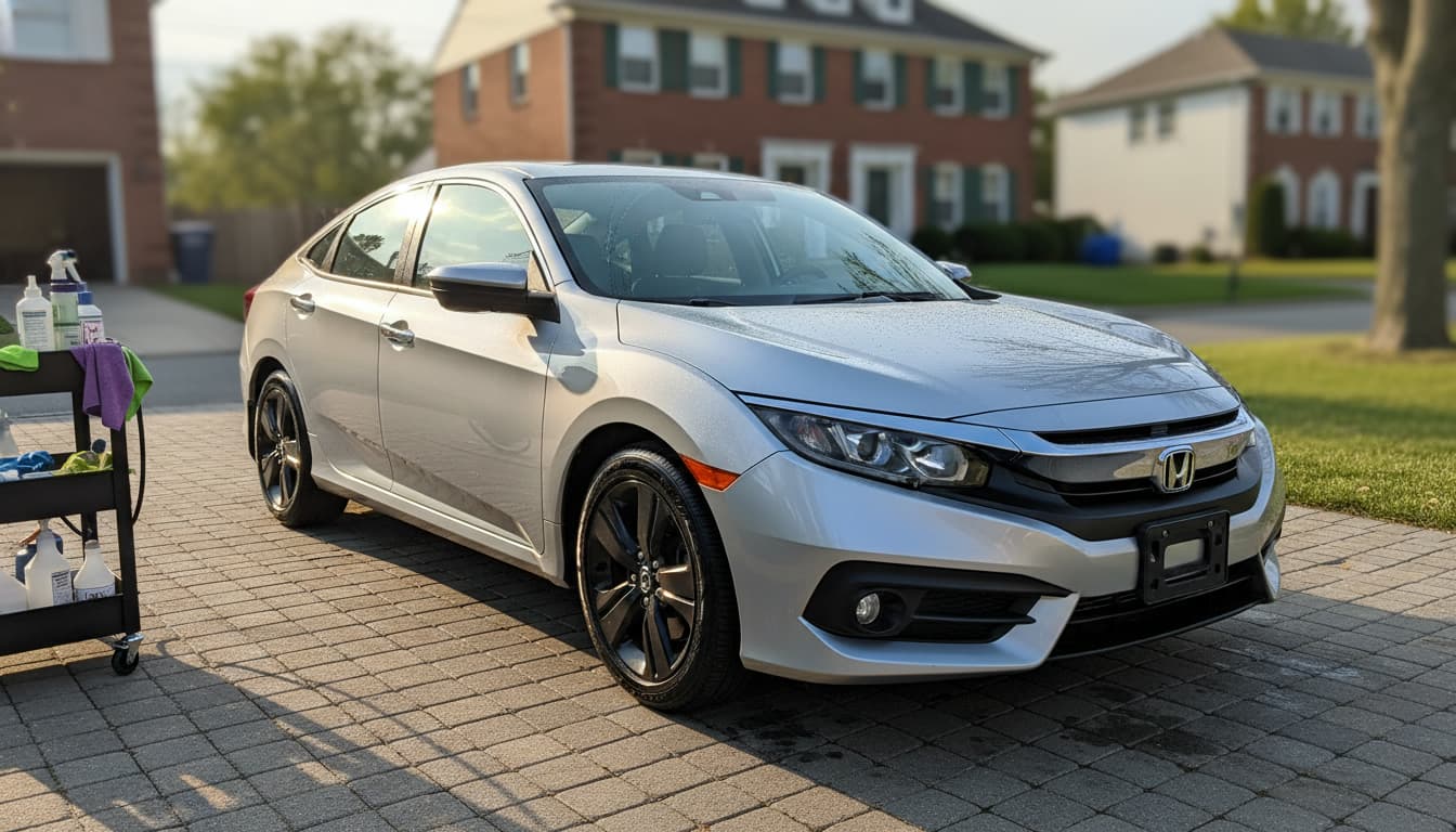 Freshly detailed dark sedan in a South Jersey driveway on a sunny afternoon
