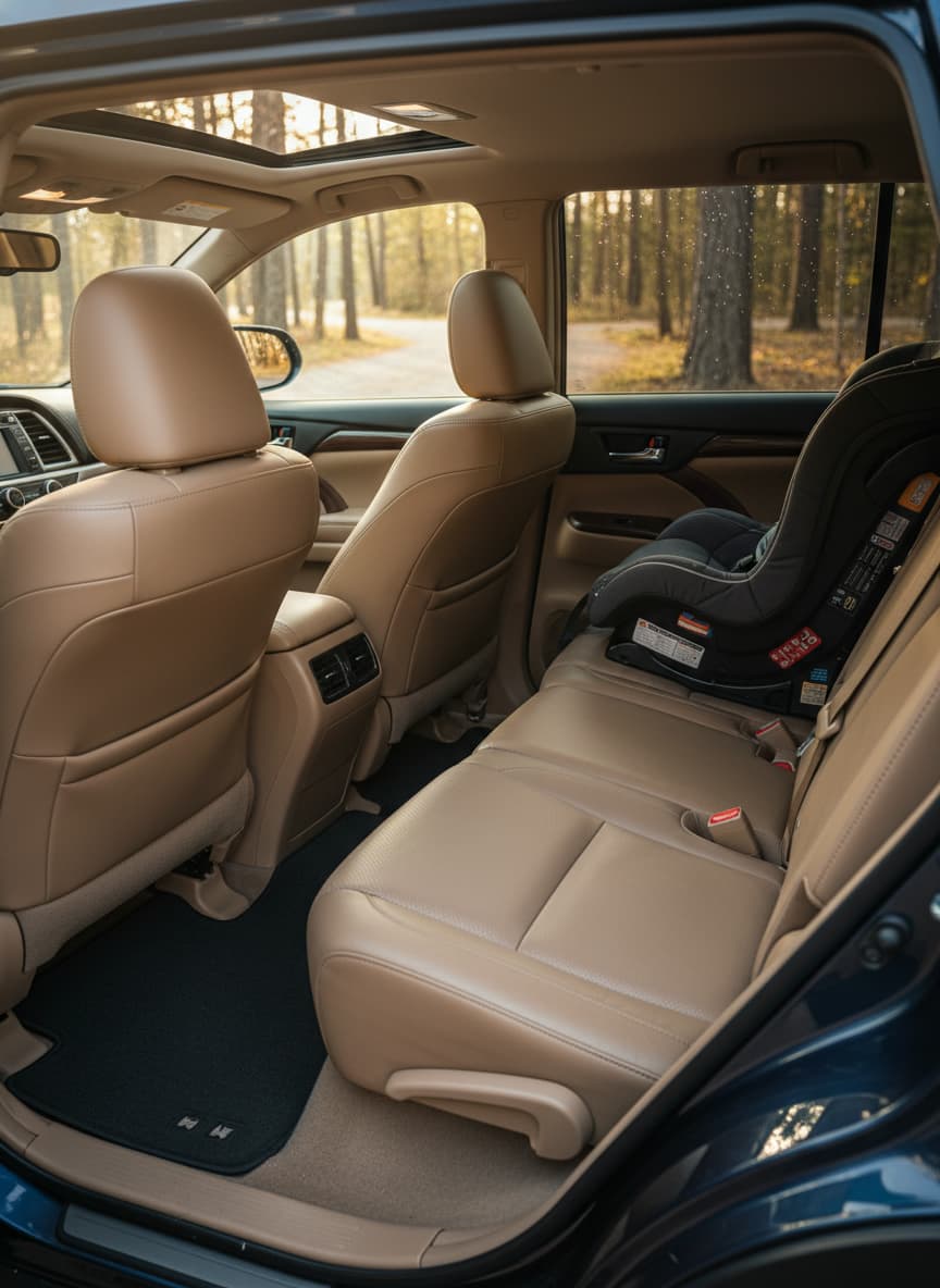 Interior of a freshly detailed car with clean dark cloth seats