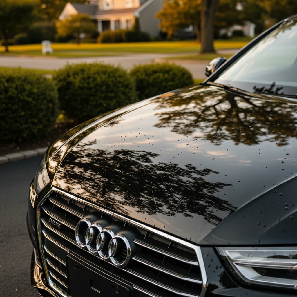 Close-up of a dark sedan's hood beading water under a tree at golden hour, the kind of driveway spot that collects sap and bug splatter fast